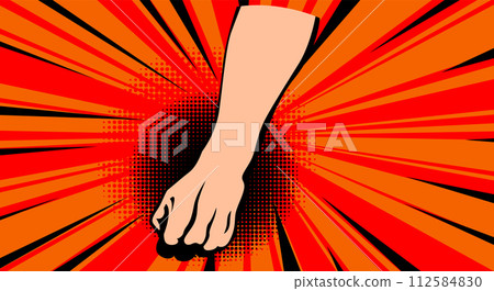 Hand fist with comics background. Blow fist flat cartoon banner. Vector hand strike as a concept energy and power 112584830