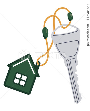 Door keys keyfob. Ring with trinket, keychains plastic tag hanging on keyring. House, apartment or room locking accessories. Cartoon flat vector isolated on white background Door keys keyfob. Ring with trinket, keychains plastic tag hanging on keyring. House, apartment or room locking accessories. Cartoon flat vector isolated on white background 112584835