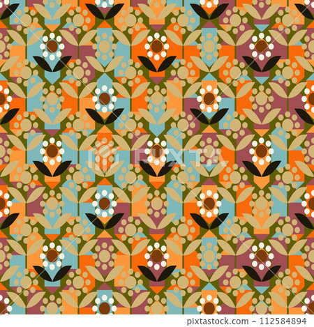 Fun colorful seamless pattern. Trendy texture design with basic shapes. Simple childish wallpaper print. Fun colorful seamless pattern. Trendy texture design with basic shapes. Simple childish wallpaper print. 112584894