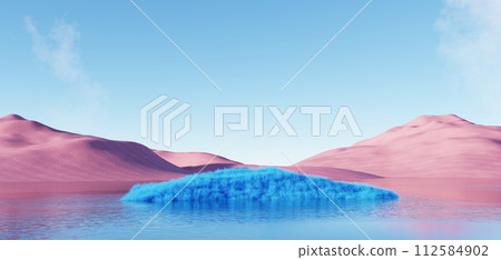 3d Render, Abstract Surreal pastel landscape background with architecture and geometric, beautiful gradient sky scene, lake with clam water, minimal concept. 112584902