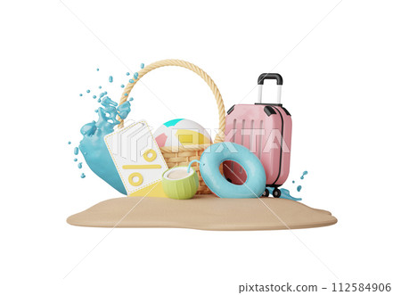 Summer elements 3d icon clipart island isolated on white background, Minimal Realistic objects for mock-up with summer theme, beach umbrella, sand, inflatable ring, vacation time to travel. 112584906