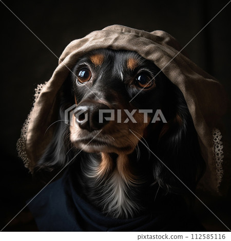 Dachshund dog wearing blanket on its head, looking slightly confused and adorable. Blanket covers the dogs face, with only its eyes peeking out. Dog seems to be cozy and comfortable under the blanket. 112585116