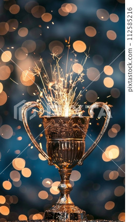 Shiny sparkling champion gold cup on bright background with sparkles and confetti, first place Trophy cup 112585216