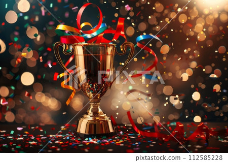 Shiny sparkling champion gold cup on a bright background with sparkles and confetti and festive satin ribbons, first place Trophy cup 112585228