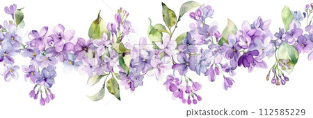Watercolor illustration of a branch of blooming lilac on a white background, spring flowers 112585229
