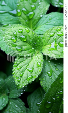 Background of green mint leaves, texture of aromatic healthy mint plants 112585248