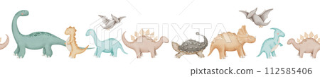 Dinosaur seamless Border Watercolor illustration. Hand drawn Baby Dino on isolated background. Drawing of cute cartoon characters for card. Prehistoric animals sketch for kids. For a frame or pattern. 112585406