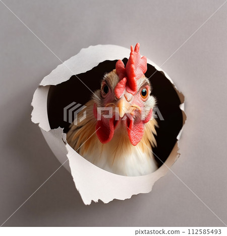 Chiken bird peeks out of a small hole in a weathered brick wall, its head and bright eye visible against the rough surface. Bird seems curious and alert as it surveys its surroundings from its vantage 112585493