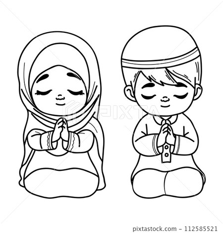 Cute praying Islamic children girl and boy. Religious ethnic believer little child character on his knees with folded hands in prayer. Vector illustration. Isolated outline hand drawings. 112585521