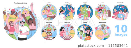 Festive Occasions set. Global celebrations and personal milestones. Joyful gatherings, gift exchanges, and cultural festivities. Flat vector illustration. 112585641