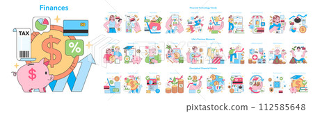 Finances big set. Personal finance: budgeting, savings and investment. Modern banking technology, digital wallet management. Financial literacy and independence. Flat vector illustration 112585648