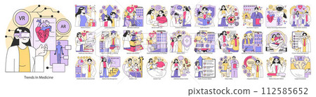 Medical set. Comprehensive healthcare and technology trends. Patient care innovation, emergency response, wellness education. Flat vector illustration. 112585652