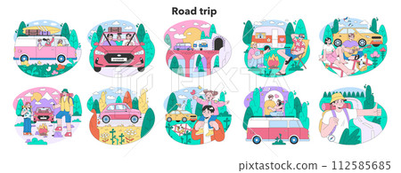 Road trip set. Young people or family going on vacation by a car. Characters driving automobile on holidays, traveling the world together. Flat vector illustration 112585685