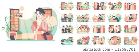 Daily routine of a japanese man set. Modern clerk working, spending time with friends and family. Businessman schedule. Office work and household life. Flat vector illustration Daily routine of a japanese man set. Modern clerk working, spending time with friends and family. Businessman schedule. Office work and household life. Flat vector illustration 112585701
