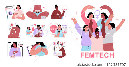 FEMTECH set. Technologies, software, products and services for woman's health, wellbeing and security. Menstrual cycle, fertility, pregnancy and postpatrum support. Flat vector illustration FEMTECH set. Technologies, software, products and services for woman's health, wellbeing and security. Menstrual cycle, fertility, pregnancy and postpatrum support. Flat vector illustration 112585707