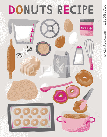 Donut or doughnut recipe set. Collection of delicious dessert cooking ingredients, glaze or frosting. Sweet fried pastry cooking kitchen appliance and tools. Flat vector illustration Donut or doughnut recipe set. Collection of delicious dessert cooking ingredients, glaze or frosting. Sweet fried pastry cooking kitchen appliance and tools. Flat vector illustration 112585710