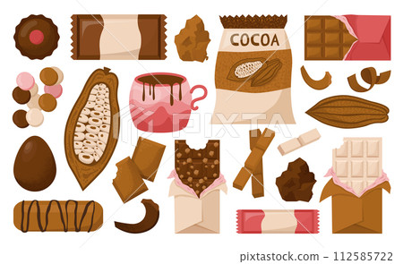 Chocolate set. Different shapes and flavors of chocolate candies, bars and sweets. Tasty cocoa product. Sweet and delicious dessert. Flat vector illustration 112585722