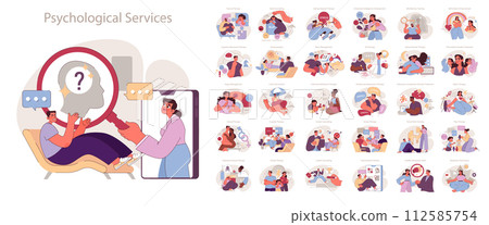Psychological services concept. Comprehensive overview of therapy forms, from trauma to play therapy. 112585754