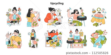 Upcycling. Process and technique of reuse and utilizing waste. Zero waste craft idea. Second life for old stuff. Sustainability idea. Flat vector illustration Upcycling. Process and technique of reuse and utilizing waste. Zero waste craft idea. Second life for old stuff. Sustainability idea. Flat vector illustration 112585826