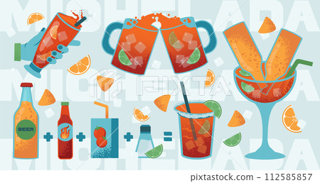 Michelagua or michelada set. Mexican drink made of beer, lime juice, chili sauce and spices. Glass of fresh alcoholic beverage or cocktail with lime and orange slices. Flat vector illustration Michelagua or michelada set. Mexican drink made of beer, lime juice, chili sauce and spices. Glass of fresh alcoholic beverage or cocktail with lime and orange slices. Flat vector illustration 112585857