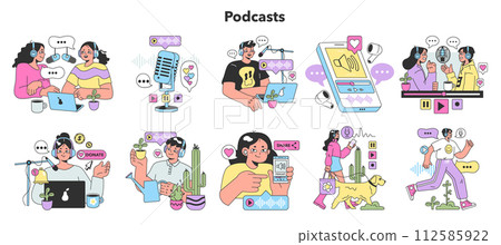 Podcast. Character recording audio podcast or audio online show. Radio host interviewing guest, mass media broadcasting. Flat vector illustration 112585922