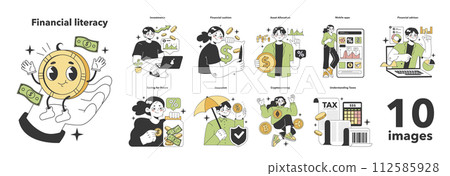 Financial literacy set. Personal budget development, money planning and control. Currency balance, assets management. Financial well-being. Flat vector illustration 112585928