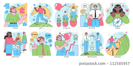 Finding your way in life set. Diverse character navigating personal development and career paths. Improvement and growth, resilience and self-awareness. Soft skills. Flat vector illustration. 112585957