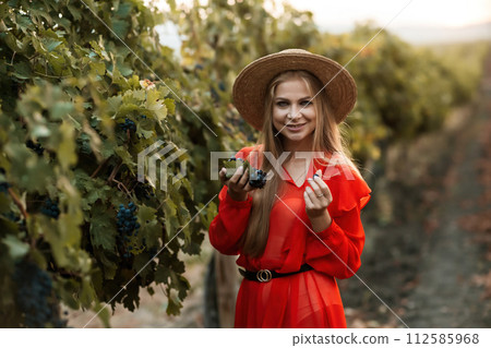 portrait of a happy woman in the summer vineyards at sunset. woman in a hat and smiling. portrait of a happy woman in the summer vineyards at sunset. woman in a hat and smiling. 112585968