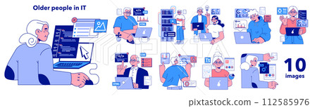 Senior developer set. Old people programming and coding. Developing and maintaining website and app. Oldster IT specialists working in server and data processing centers. Flat vector illustration Senior developer set. Old people programming and coding. Developing and maintaining website and app. Oldster IT specialists working in server and data processing centers. Flat vector illustration 112585976