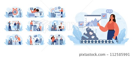 Waste Management set. Professionals demonstrate recycling processes, composting methods, and waste reduction. New product creation, eco-friendly segregation. Flat vector illustration Waste Management set. Professionals demonstrate recycling processes, composting methods, and waste reduction. New product creation, eco-friendly segregation. Flat vector illustration 112585991