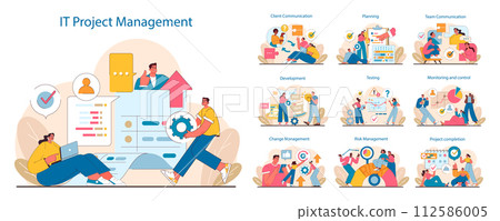 IT project management set. Stages from planning to execution displayed. Workflow efficiency, team collaboration, and client interaction in project phases. Flat vector illustration. IT project management set. Stages from planning to execution displayed. Workflow efficiency, team collaboration, and client interaction in project phases. Flat vector illustration. 112586005