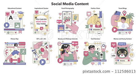 Social Media Content set. Diverse online interaction and communication. Engaging tutorials, lifestyle shares, humor. Flat vector illustration Social Media Content set. Diverse online interaction and communication. Engaging tutorials, lifestyle shares, humor. Flat vector illustration 112586013