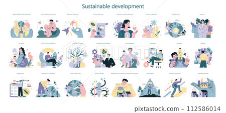 Sustainability concept set. Environmental protection and social responsibility. Climate and nature preservation. ESG and CSR, business and society footprint. Flat vector illustration 112586014