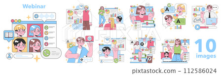 Webinar set. Engaging online education scenes with diverse participants. Screen sharing presentation, interactive Q and A, learning materials, brainstorming ideas. Flat vector illustration Webinar set. Engaging online education scenes with diverse participants. Screen sharing presentation, interactive Q and A, learning materials, brainstorming ideas. Flat vector illustration 112586024