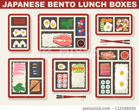 Bento top view set. Japanese lunch boxes with traditional dishes. Prepared rice with sea food, eggs, fruits and vegetables. Packed school or work lunch break meal. Flat vector illustration 112586030