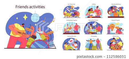 Friends activities set. Diverse group enjoys music jamming, crafting, and workshops. Bonding over board games, cooking, chess, and photography. Flat vector illustration. 112586031