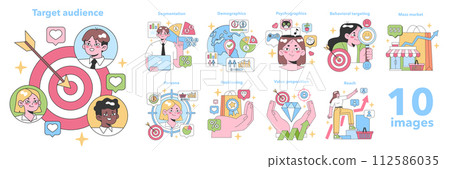 Marketing Strategies set. Engaging visuals for target audience analysis. Segmentation, demographics, psychographics, behavioral targeting, mass market, persona, positioning, value proposition, reach Marketing Strategies set. Engaging visuals for target audience analysis. Segmentation, demographics, psychographics, behavioral targeting, mass market, persona, positioning, value proposition, reach 112586035