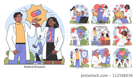 Medical set. Diverse healthcare professionals engaged in research and patient care. Exploration of treatments, disease prevention, and global health education. Flat vector illustration. Medical set. Diverse healthcare professionals engaged in research and patient care. Exploration of treatments, disease prevention, and global health education. Flat vector illustration. 112586036