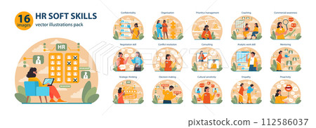 Human resources manager soft skills set. HR agent competencies and professional ethic. Job recruitment, coaching and personnel efficiency improvement. Flat vector illustration 112586037