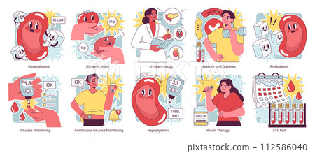 Diabetes set. Measuring sugar blood with glucometer. Glucose monitoring, glycemic index. Hyperglycemia or hypoglycemia treatment, insulin therapy. Endocrinology system disease. Vector illustration Diabetes set. Measuring sugar blood with glucometer. Glucose monitoring, glycemic index. Hyperglycemia or hypoglycemia treatment, insulin therapy. Endocrinology system disease. Vector illustration 112586040