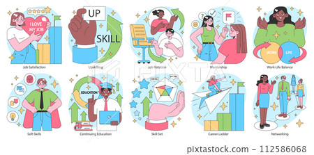 Professional growth set. Pathways and strategies for career advancement. Diverse business characters developing skills. Mentorship and networking. Work satisfaction. Flat vector illustration Professional growth set. Pathways and strategies for career advancement. Diverse business characters developing skills. Mentorship and networking. Work satisfaction. Flat vector illustration 112586068