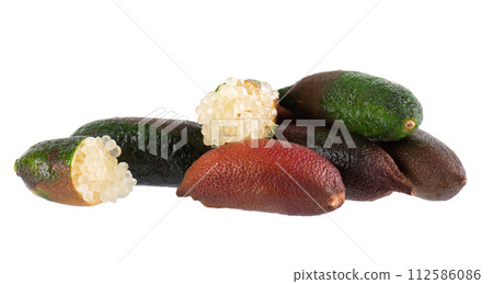 Fresh finger limes isolated on white background. Caviar lime. Fruits pods. Clipping path. 112586086