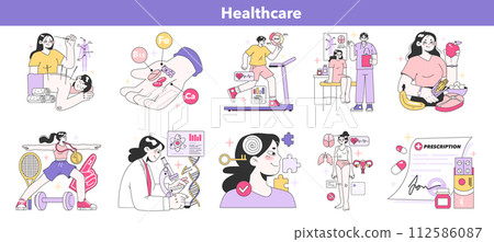 Healthcare set. Diverse wellness activities and medical check-ups. Holistic approach to well-being. Flat vector illustration 112586087