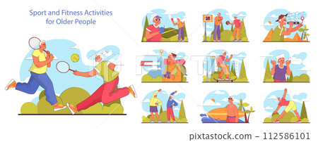 Old characters doing sport and active leisure. Active elderly people doing sport outside in the city park. Travelling and hiking hobby. Physical activity of modern lifestyle. Flat vector illustration Old characters doing sport and active leisure. Active elderly people doing sport outside in the city park. Travelling and hiking hobby. Physical activity of modern lifestyle. Flat vector illustration 112586101