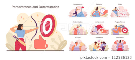 Perseverance and Determination set. Various characters embodying strength and focus. Achieving goals, cultivating patience, and building confidence. Flat vector illustration. 112586123