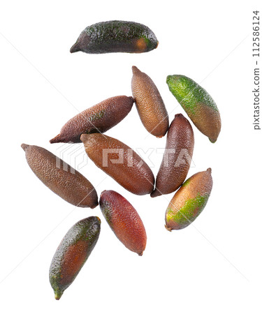 Fresh finger limes isolated on white background. Caviar lime. Fruits pods. Clipping path. Top view. Fresh finger limes isolated on white background. Caviar lime. Fruits pods. Clipping path. Top view. 112586124