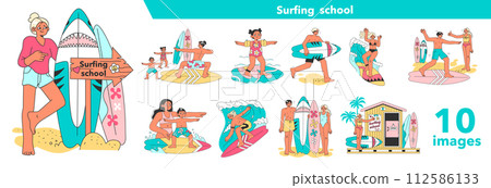 Surfing school set. Characters in a swimsuit spending time on the beach. Coach training, teaching new learners to surfboard. Popular extreme sport, recreation or activity. Flat vector illustration 112586133