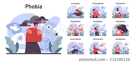 Phobia set. Human's irrational inner fears and panic. Mental disorder, feeling of threat and danger. Psychology and mental therapy. Flat vector illustration 112586138