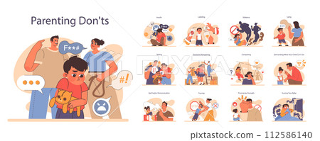 Parenting don'ts set. Verbal, emotional and physical abuse of a child. Parenthood failure. Abusive family and traumatizing childhood experience. Flat vector illustration Parenting don'ts set. Verbal, emotional and physical abuse of a child. Parenthood failure. Abusive family and traumatizing childhood experience. Flat vector illustration 112586140