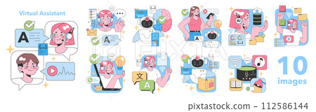 Virtual Assistant set. Everyday tasks made easier with AI technology. Managing emails, optimizing tasks, video playbacks, brain insights. Seamless integration with gadgets. Flat vector illustration 112586144